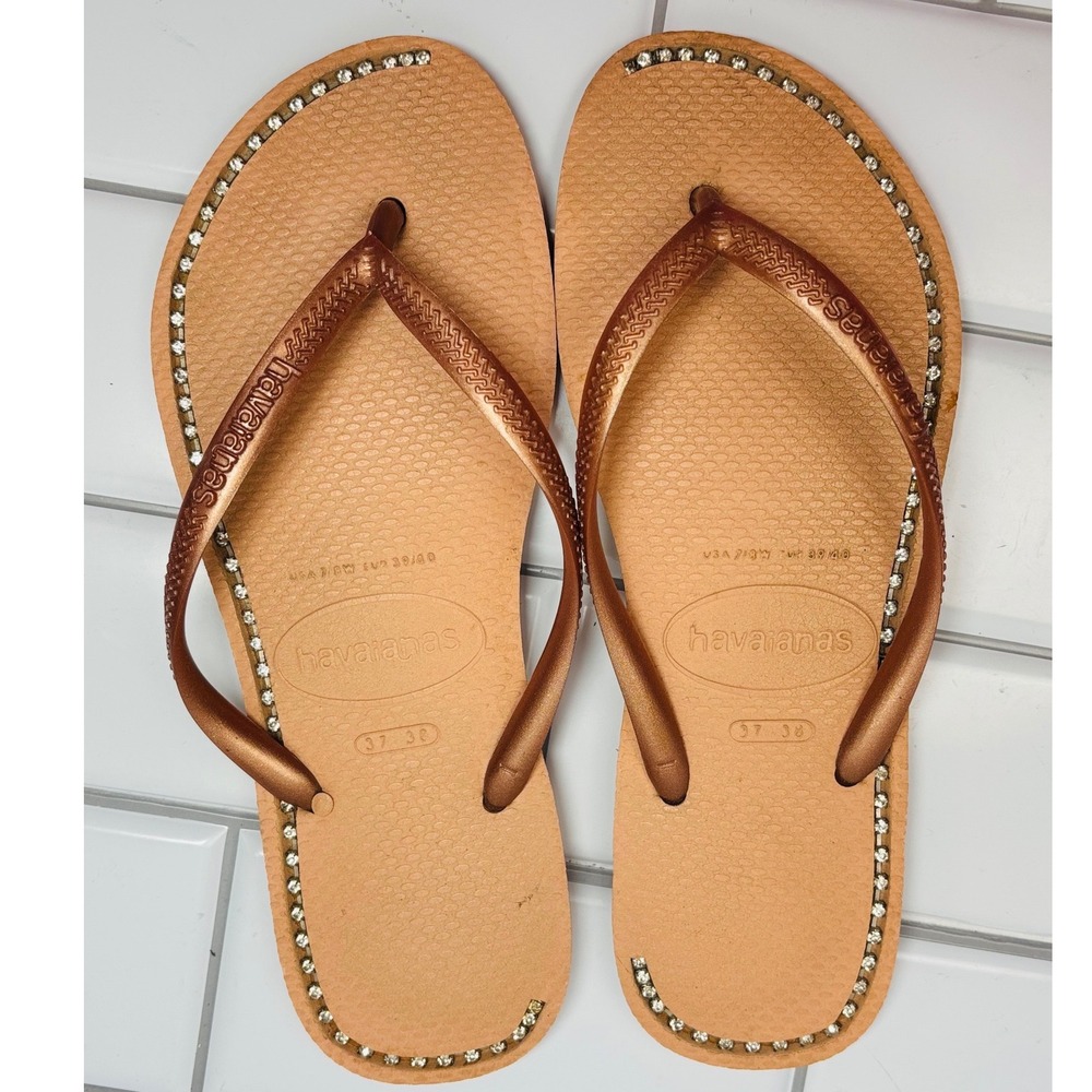 Havaianas Slim Flip Flops Rose Gold with Diamond-like stones embedded size 7/8